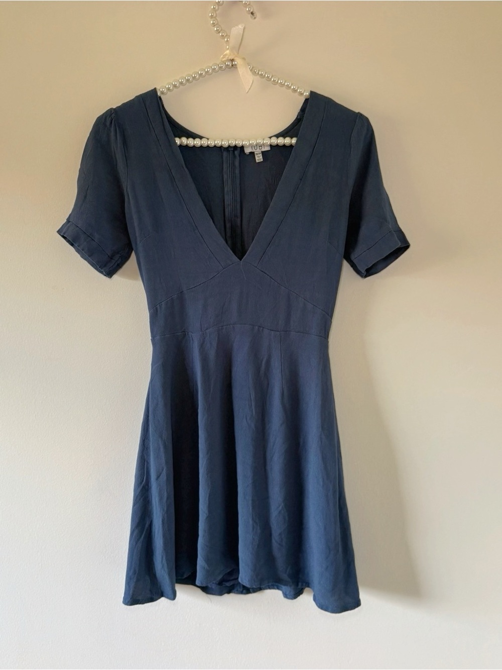 Tobi Dusty Blue Deep V Neck Mini Dress Short Sleeve